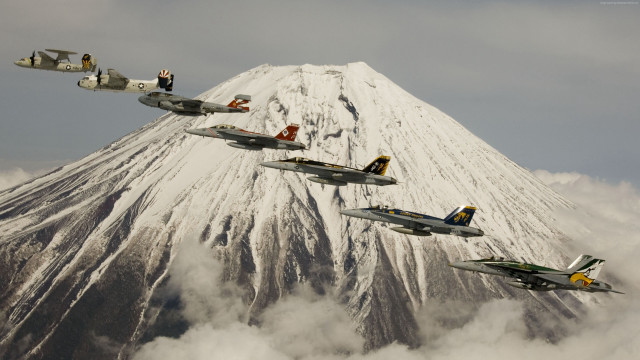 Fighterjets snowmountain ukiyo e puzzle free wallpaper for desktop - medium preview image