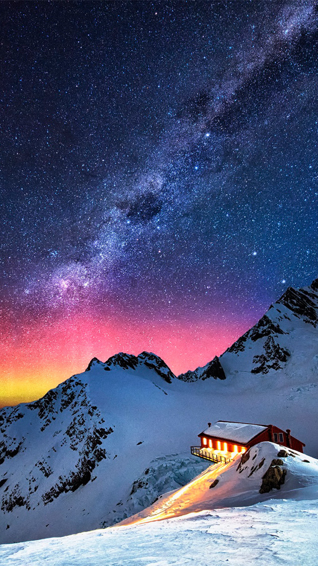 Cabin snow night sky stars free wallpaper for mobile - medium preview image