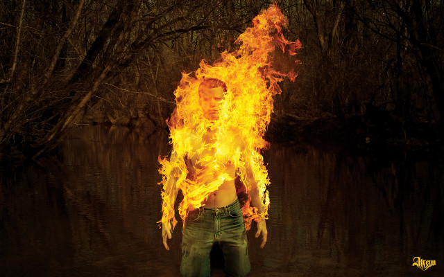 Man standing water fire fireball free wallpaper for desktop - medium preview image