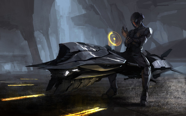 Futuristic man vehicle dark environment free wallpaper for desktop - medium preview image