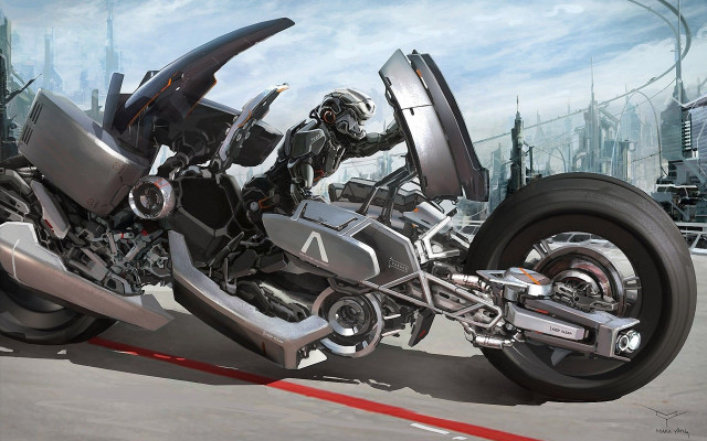 Futuristic motorcycle man riding helmet free wallpaper for desktop - medium preview image