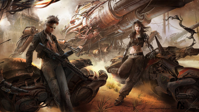 Couple motorcycle desert giant machine free wallpaper for desktop - medium preview image