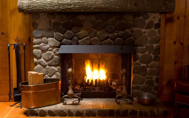 Fireplace fire woodbucket woodenfloor brickwall free wallpaper for desktop - medium preview image
