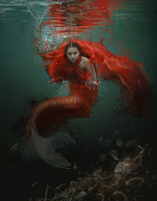 Woman red dress swimming underwater free wallpaper for mobile - medium preview image