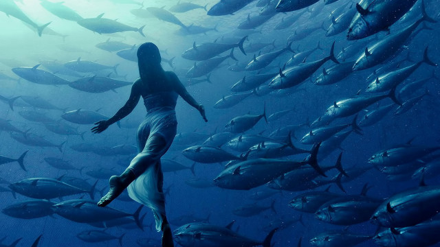 Woman standing group fish ocean free wallpaper for desktop - medium preview image
