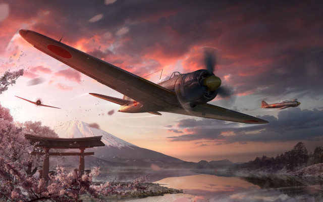 Plane lake pagoda mountain sunset #2 free wallpaper for desktop - medium preview image