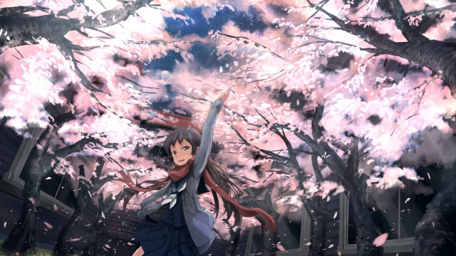 Girl sword forest pink flowers free wallpaper for desktop - medium preview image