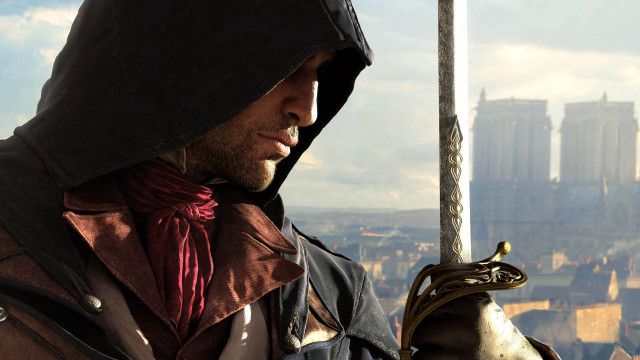 Man hood scarf sword cityscape free wallpaper for desktop - medium preview image