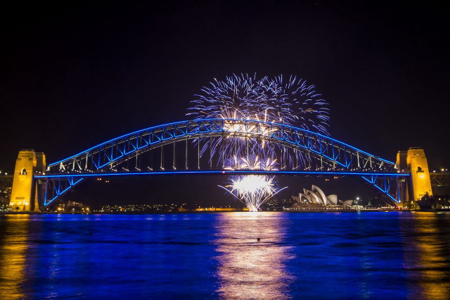 Blue bridge fireworks night boat free wallpaper for desktop - medium preview image