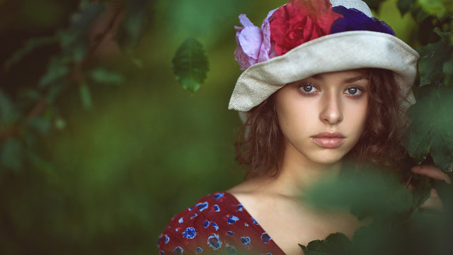Woman hat flowers brim red free wallpaper for desktop - medium preview image