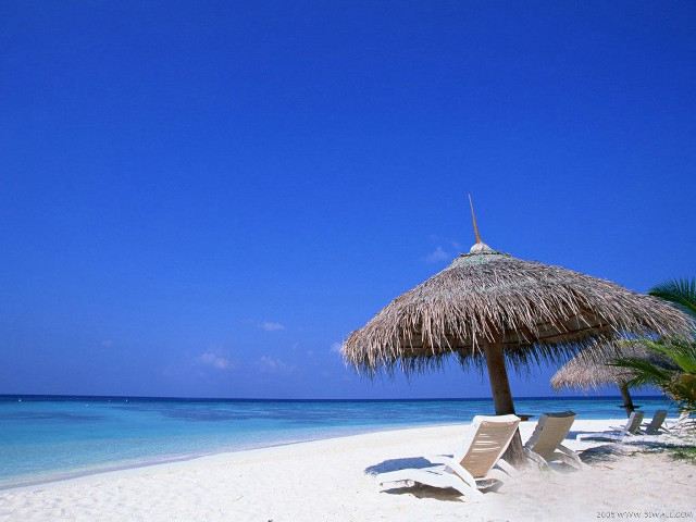 Beach thatched umbrella chairs blue free wallpaper for desktop - medium preview image