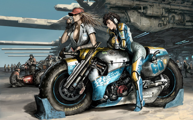 Women motorcycle aircraft hangar people free wallpaper for desktop - medium preview image