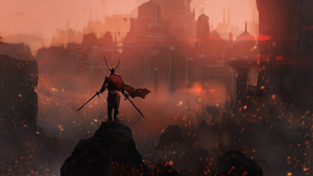 Man mountain city night red free wallpaper for desktop - medium preview image