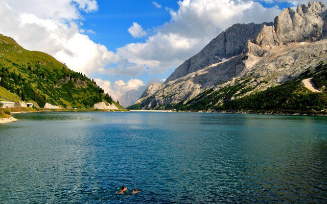 Swimming lake mountains trees cloudy free wallpaper for desktop - medium preview image