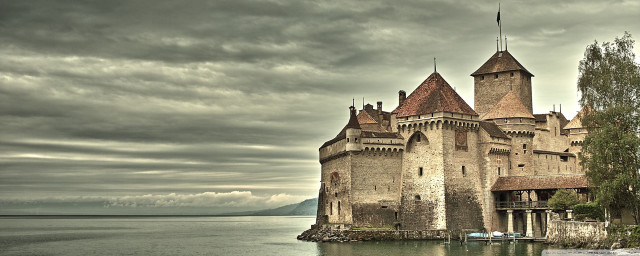 Castle lake forest trees boat free wallpaper for desktop - medium preview image