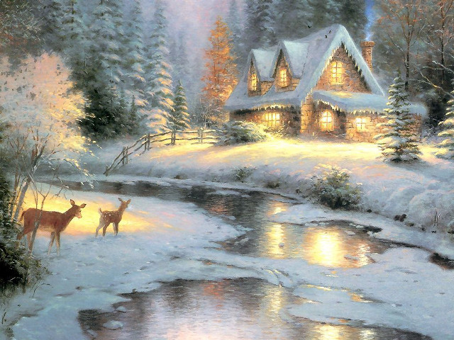 Cabin woods deer stream night free wallpaper for desktop - medium preview image