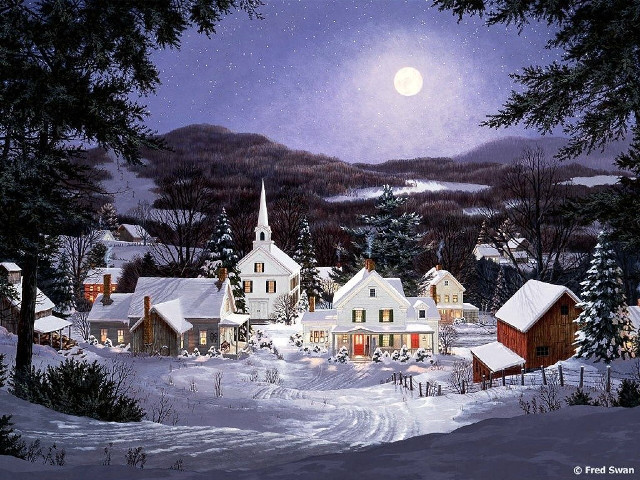 Snowy village full moon snowy free wallpaper for desktop - medium preview image