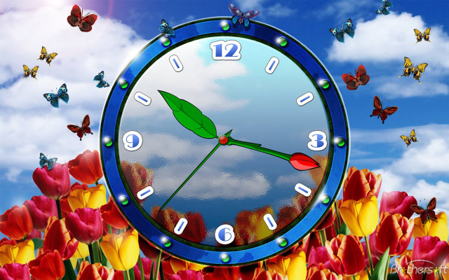 Clock green leaf flowers butterflies free wallpaper for desktop - medium preview image