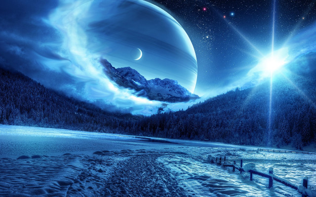 Planet mountain sky stars fence free wallpaper for desktop - medium preview image