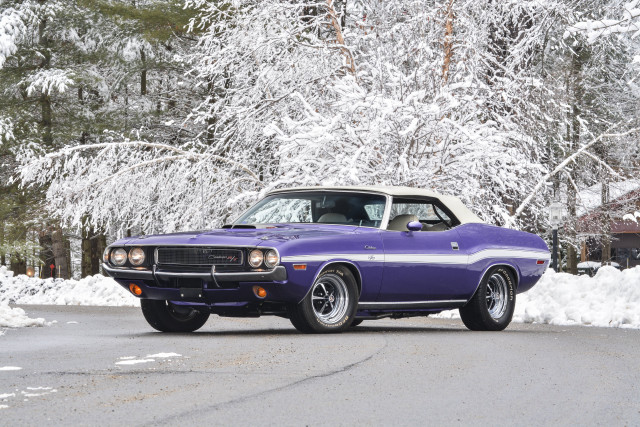 Purple car snowy road forest free wallpaper for desktop - medium preview image