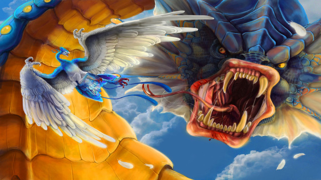 Dragon attacking bird sky clouds free wallpaper for desktop - medium preview image