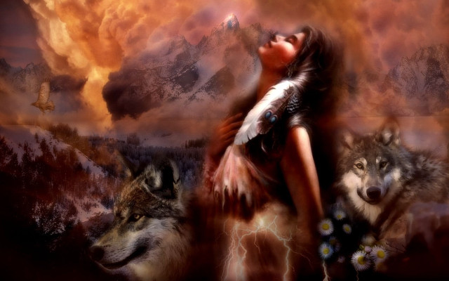 Woman feather wolves sky clouds free wallpaper for desktop - medium preview image