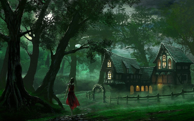 Woman red dress house woods free wallpaper for desktop - medium preview image
