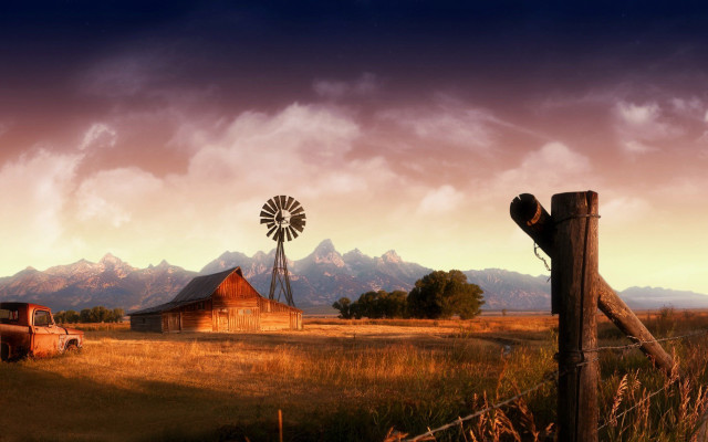 Farm barn windmill cloudy sky free wallpaper for desktop - medium preview image