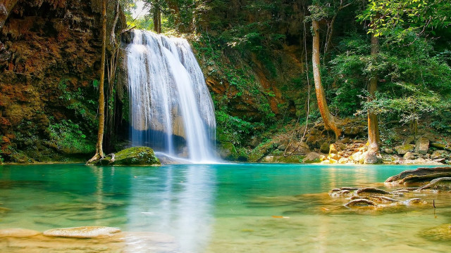 Waterfall forest clear blue river free wallpaper for desktop - medium preview image