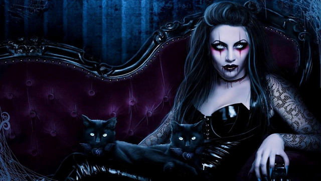 Gothic woman with cats creepy free wallpaper for desktop - medium preview image