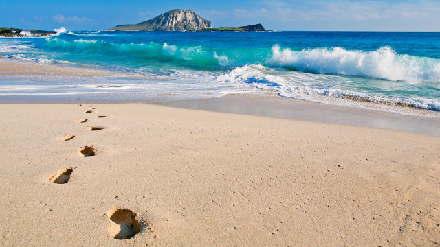 Beach wave footprints sand water free wallpaper for desktop - medium preview image