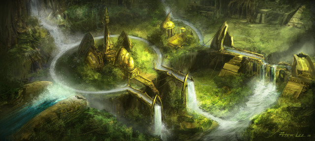 Fantasy landscape waterfall castle magic free wallpaper for desktop - medium preview image