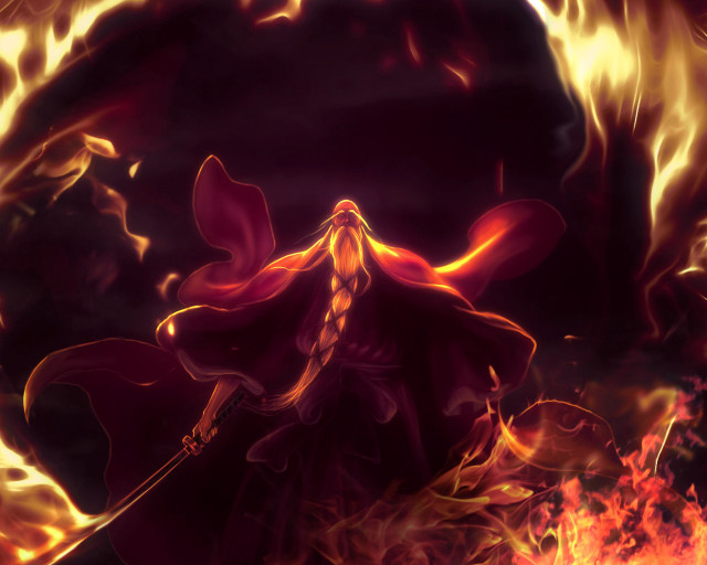 Woman red cape flames sword free wallpaper for desktop - medium preview image