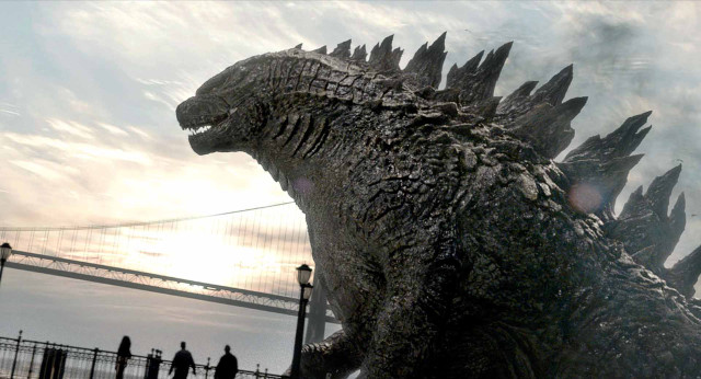 Godzilla statue bridge people walking free wallpaper for desktop - medium preview image