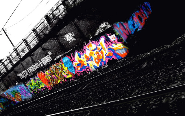 Train graffiti bridge powerlines track free wallpaper for desktop - medium preview image