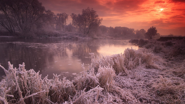 River ice grass trees red free wallpaper for desktop - medium preview image