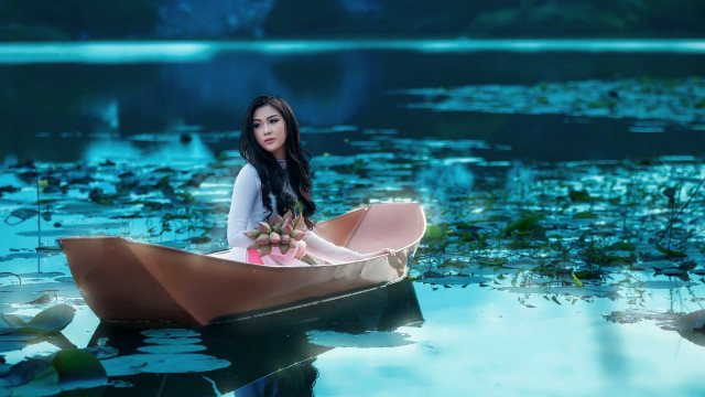 Woman boat lily pads watercolor free wallpaper for desktop - medium preview image