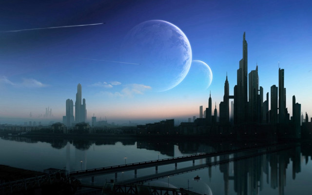 Futuristic city large moon distant free wallpaper for desktop - medium preview image
