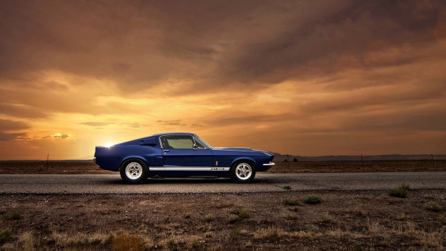 Blue mustang car sunset cloudy free wallpaper for desktop - medium preview image