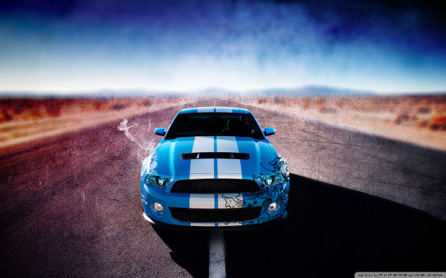 Blue mustang car desert road free wallpaper for desktop - medium preview image