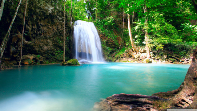 Waterfall forest blue pool rock free wallpaper for desktop - medium preview image