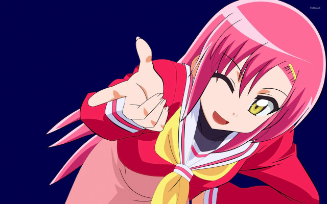 Woman pink hair pointing smiling free wallpaper for desktop - medium preview image