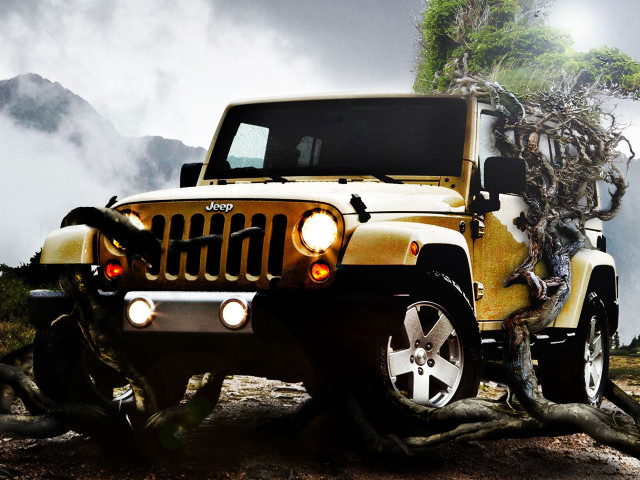 Yellow jeep rocky road tree free wallpaper for desktop - medium preview image