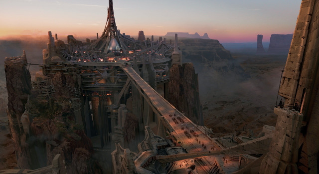 Futuristic city bridge sunset mountain free wallpaper for desktop - medium preview image