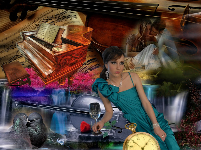 Woman blue dress clock piano free wallpaper for desktop - medium preview image