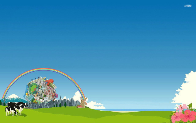 Cartoon cow rainbow castle background free wallpaper for desktop - medium preview image