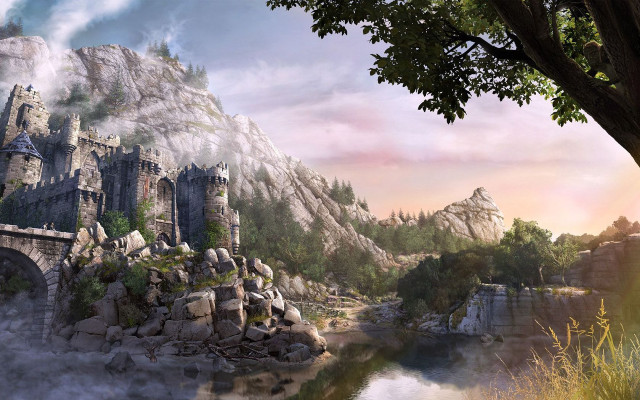 Castle mountain river bridge scenery free wallpaper for desktop - medium preview image