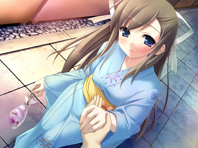 Woman blue kimono holding flower free wallpaper for desktop - medium preview image