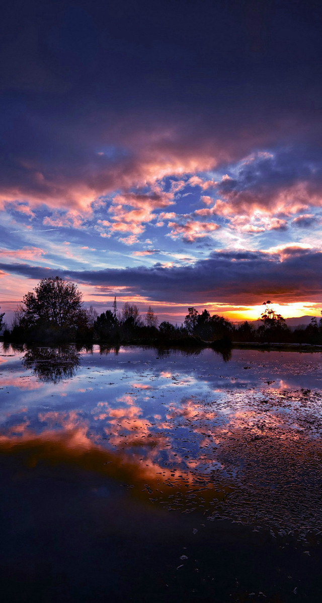 Sunset reflection water trees clouds free wallpaper for mobile - medium preview image