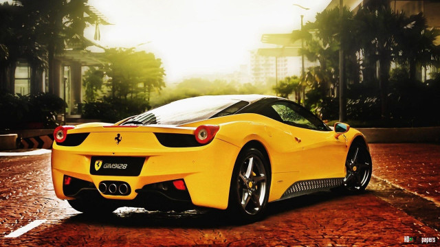 Yellow sports car sun building free wallpaper for desktop - medium preview image